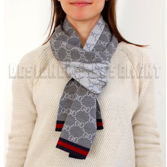 GUCCI gray & white SOLANGE Original GG red & blue WEB wool reversible long scarf - Picture 5 of 5
